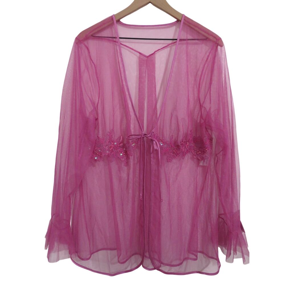 Intimate Attitudes Women Sz 1X Pink Purple Y2K Sheer Lace Sequin Robe Romantic